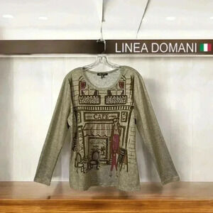 NWOT Linea Domani, Parisian Café Motif Heathered Long-Sleeve Top, Medium, Grey ✨